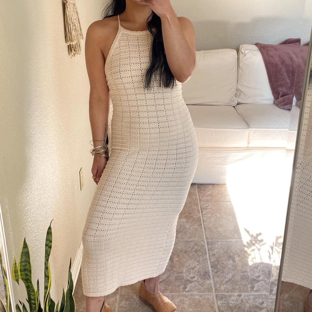 Cream Knit Halter Neckline Maxi Dress